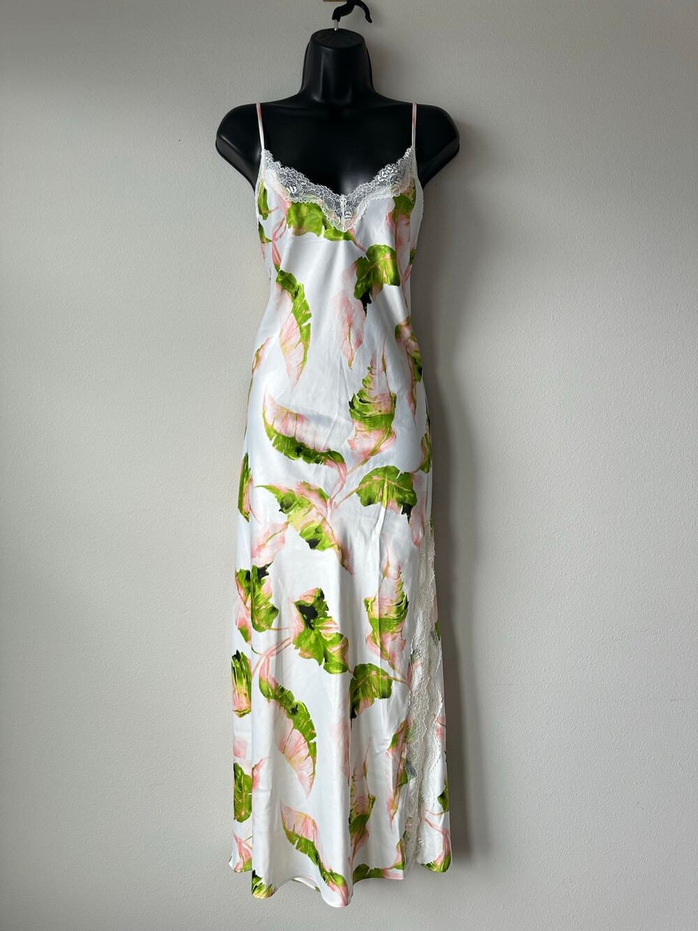 Floral Satin Slip Dress Lace Trim Midi Y2K Minimalist Bias Cut Spaghetti Strap M